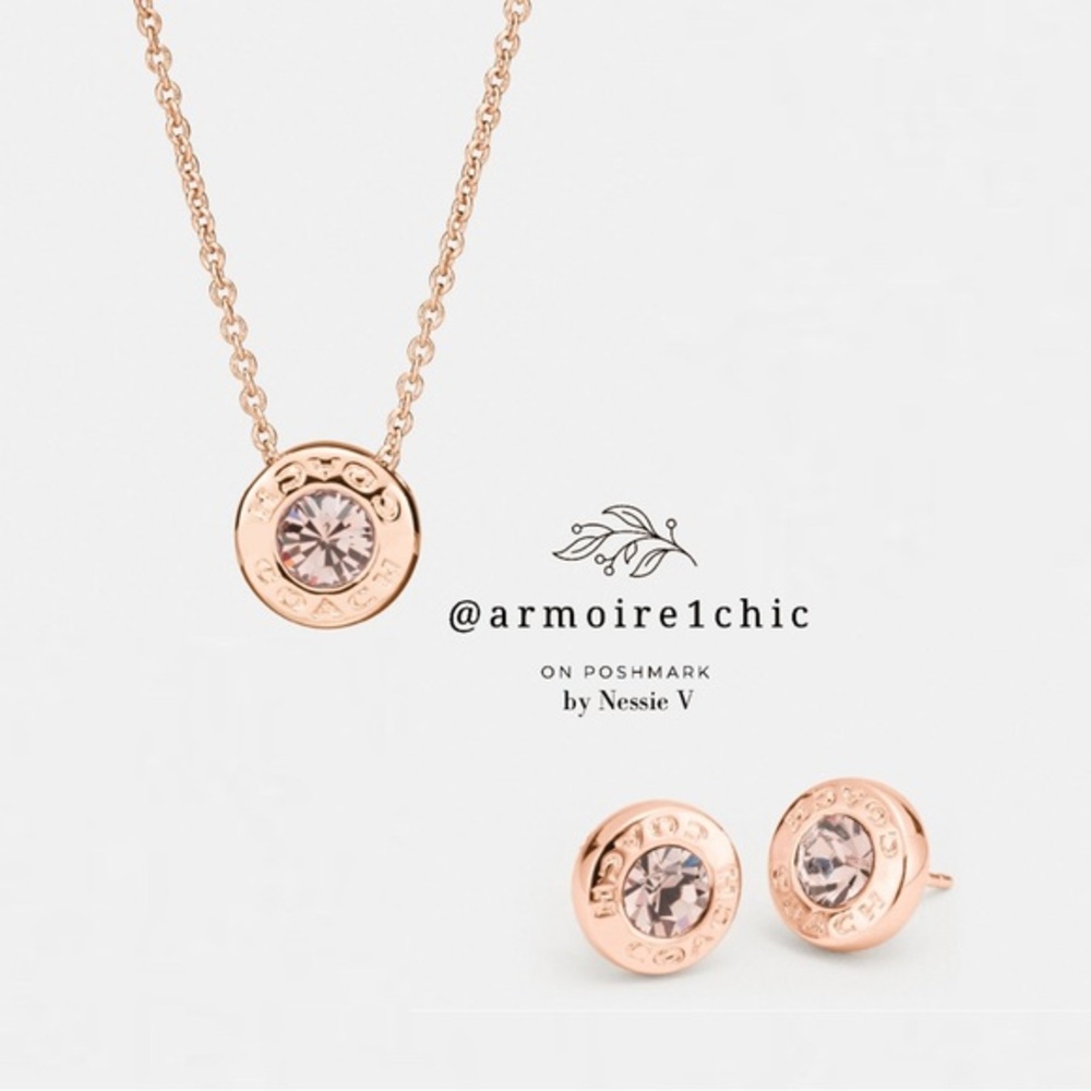COACH | Open Circle Stone Necklace and Stud Earrings Set Gift Box | Rose Gold